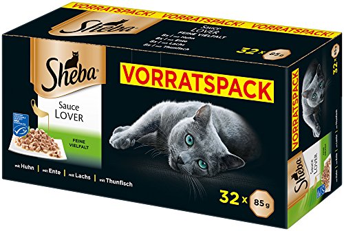 Sheba Sauce Lover - Feine Häppchen in Sauce für ausgewachsene Katzen - Alleinfuttermittel in der - 32 Schalen (32 x 85g)